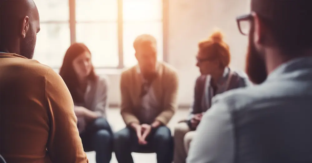 therapy group support, mental health and psychological help, men and women sitting on chairs and talking in circle