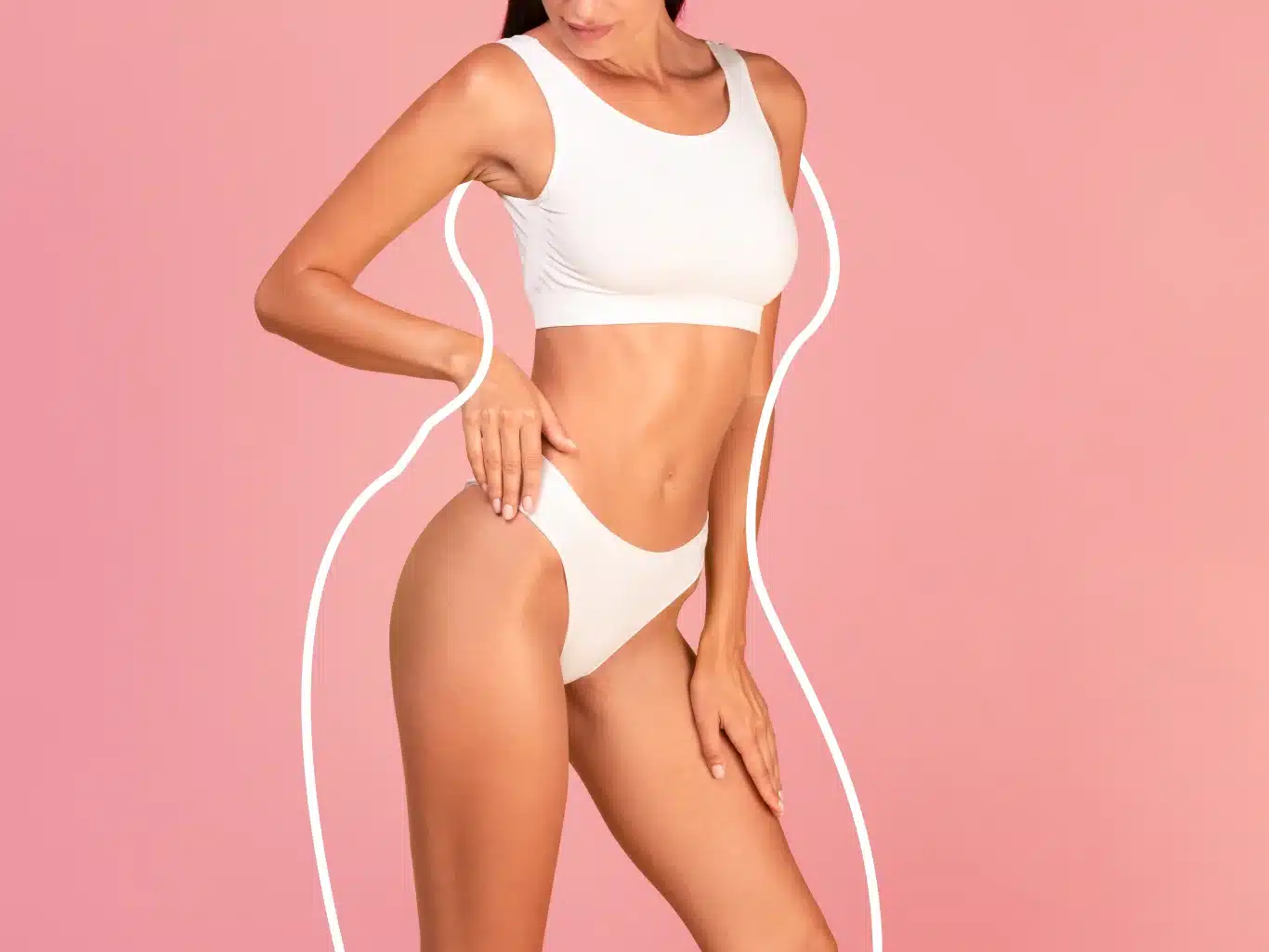 Sporty Slim Female In Underwear With Silhouette Outlines Around Body