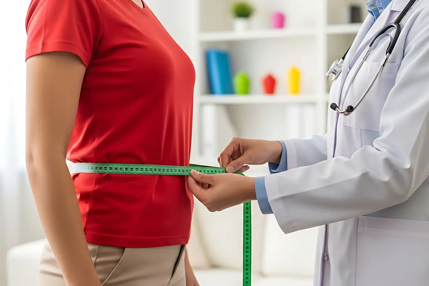 Doctor measuring the waist of a patient to monitor weight loss progress in a clinic