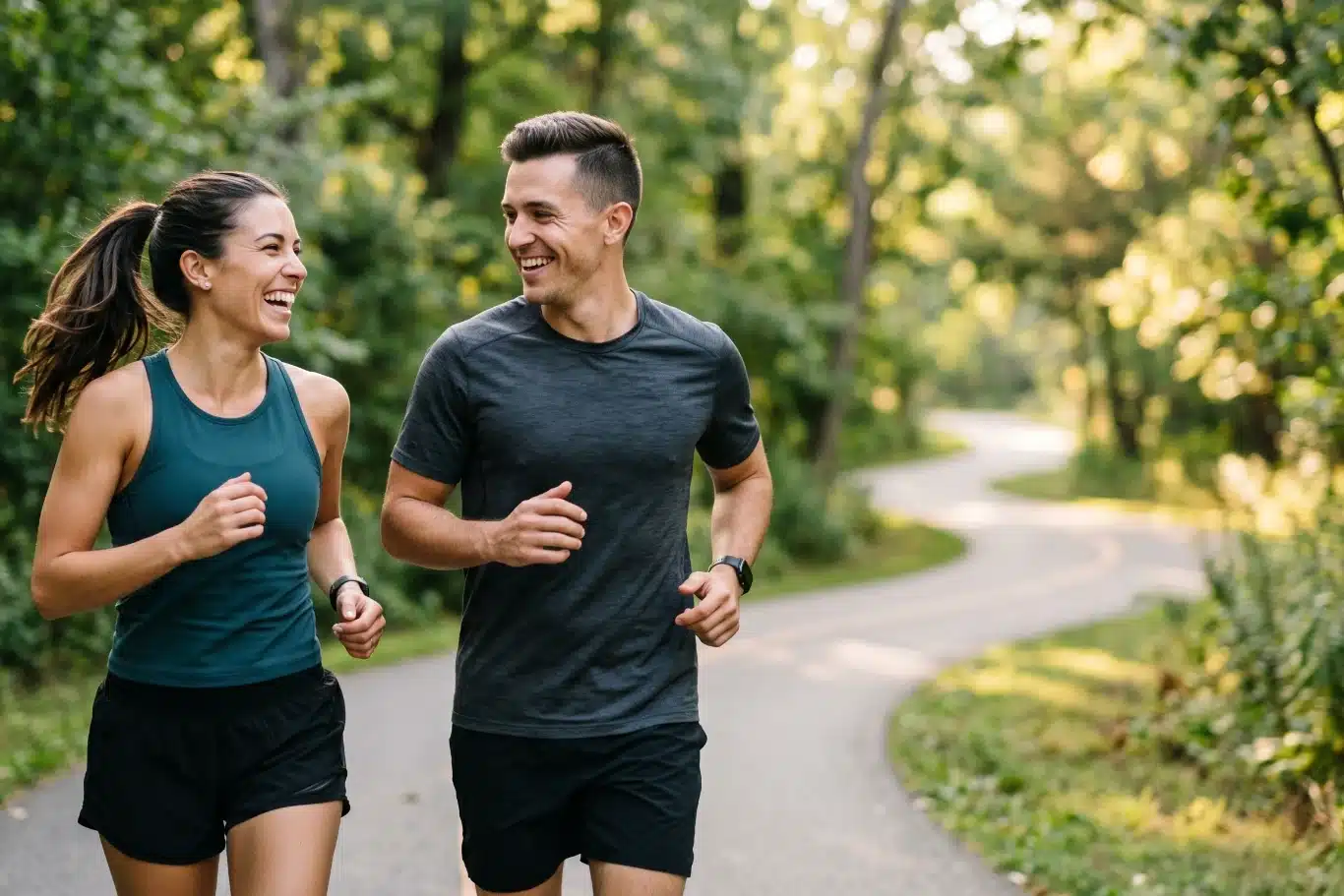 Young active man and woman jogging outdoors on path, lifestyle cardio workout fitness training and healthy commercial concept